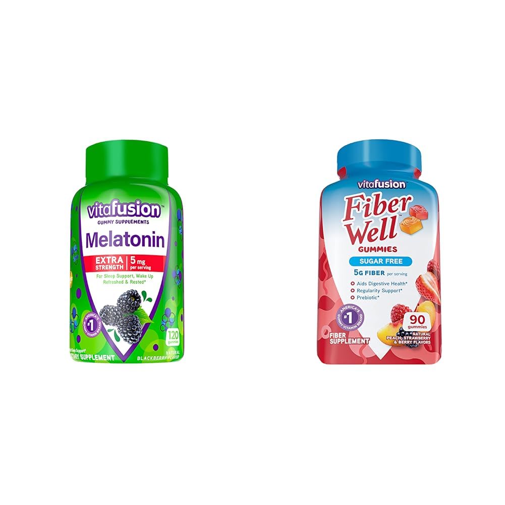 Viafusion Extra Strength Melatonin Gummy Vitamin, 5mg, 120 ct Gummies & Fiber Well Sugar Free Fiber Supplement, Peach, Strawberry og BlackBerry Flavored Kosttilskud, 90 Greve