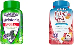 Viafusion Extra Strength Melatonin Gummy Vitamin, 5mg, 120 ct Gummies & Fiber Well Sugar Free Fiber Supplement, Peach, Strawberry og BlackBerry Flavored Kosttilskud, 90 Greve
