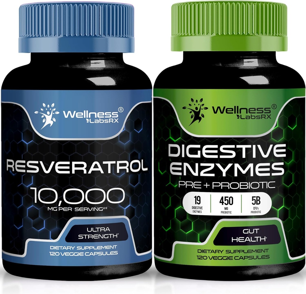 WELLENess LABSRX Resveratrol kapsler 10. 000 mg - fordøjelsesenzymer 450 mg