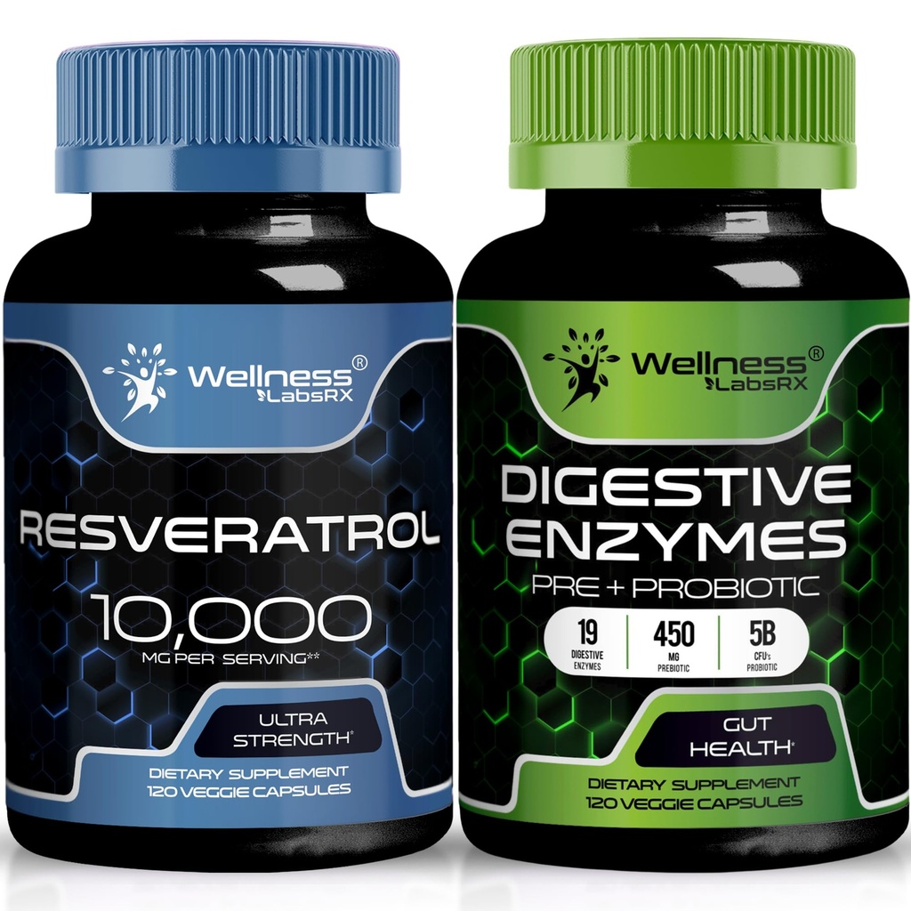 WELLENess LABSRX Resveratrol kapsler 10. 000 mg - fordøjelsesenzymer 450 mg