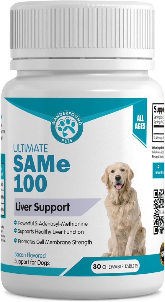 Wanderfound kæledyr samme 100 leverstøtte til hunde - samme S-Adenosyl- L-methionin leversupplement til lever & hjerne - Bacon Flavored Sam E, fremstillet i USA - 30 tyggetabletter