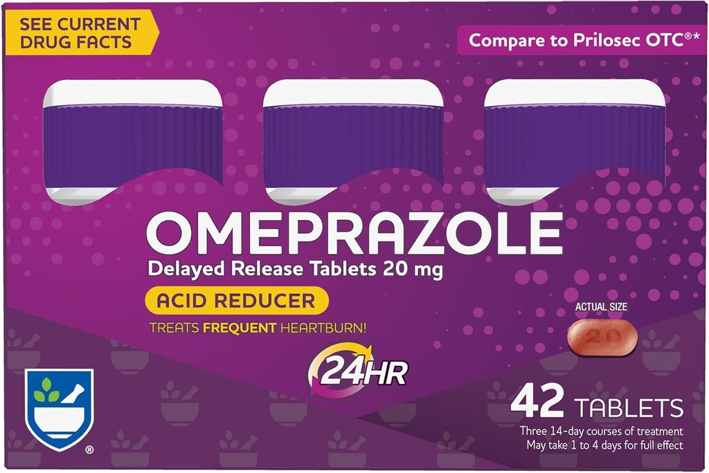 Rite Aid Reducer Omeprazol Delayed Release Tablets - 20 mg, 3 Flasker, 14 Greve hver (42 Tæl alt), Unflavored, Heartburn Relief, Heartburn Medicin, Treats Hyppig Heartburn
