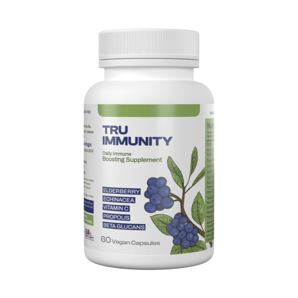 Tru Immunity Boost, immunsupporttillæg, immunbooster vitaminer til voksne med hyldebær, Echinacea, C-vitamin, propolis og beta glucaner, 60 Veganske kapsler