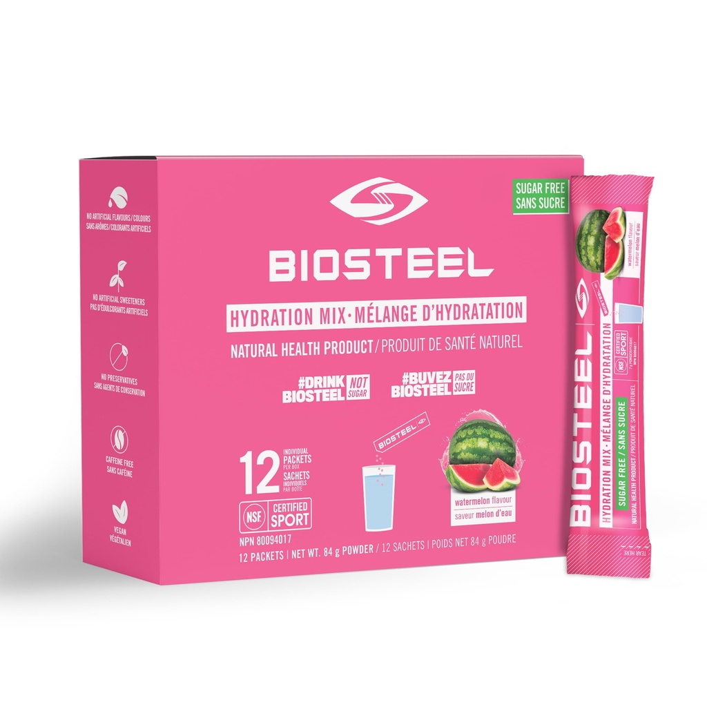 BioSteel High Performance Sports Drink Powder, Naturally Sweetened with Stevia, Watermelon, 12 To-Go Packets