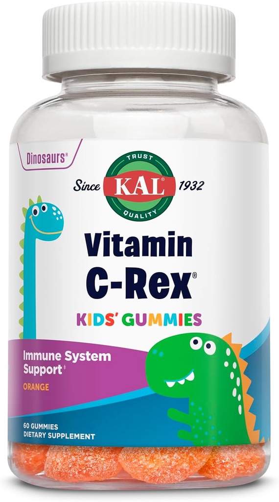 KAL Vitamin C- Rex Kids 'Gummies, C-vitamin Gummies for børn, sund immunforsvar, ben, muskel & hud support C Gummy, Vegan, Gluten Free, 60 dages penge tilbage garanti, 30 Servering, 60 Gummies
