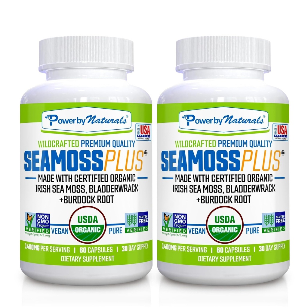 Power by Naturals Sea Moss Plus - USDA Certified Organic Wildcrafted Irish Seamoss, Bladderwrack & Burdock Root, Supplement til Immunitet, 60Ct, 2 Pack