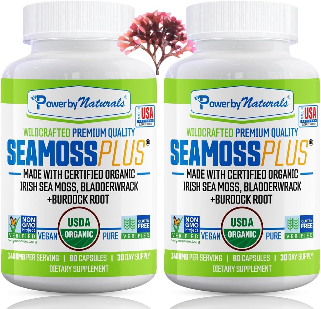 Power by Naturals Sea Moss Plus - USDA Certified Organic Wildcrafted Irish Seamoss, Bladderwrack & Burdock Root, Supplement til Immunitet, 60Ct, 2 Pack