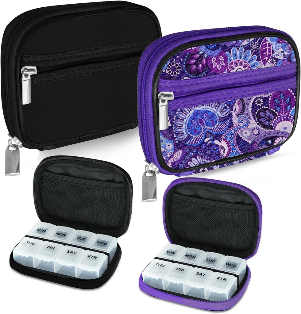 Serfeymi Weekly Travel Pill Organizer Pill sag for Purse med Aftagelig 7 Day Pill Box, Fashionable Travel Medicine Organizer Pill Container for Medicine, Vitamin, Supplement - Black 01 + Purple 01