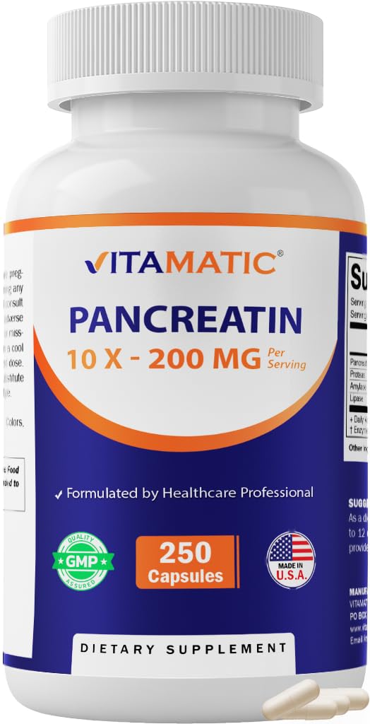 Vitamatic Pancreatin 10X Digestive Enzymes – 250 Capsules – Made with Protease 50,000 USP, Amylase 50,000 USP & Lipase 4,000 USP – Supports Protein, Carb & Fat Digestion – Non-GMO – Made in USA