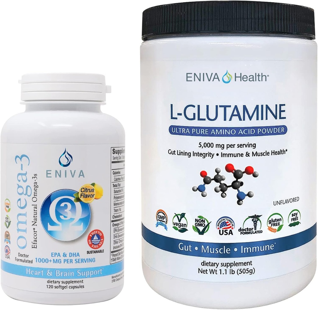 Eniva L- Glutamin Powder, 1, 1 - Pund og Omega-3 Fish Oil (60 caps)