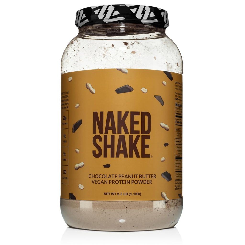 NAKED Shake - Chocolate Peanut Butter Protein Powder - Vegan Protein Powder from US & Canadian Farms with MCT Oil, NSF Certified, Gluten-Free, Soy-Free, No GMOs or Artificial Sweeteners - 30 Servings