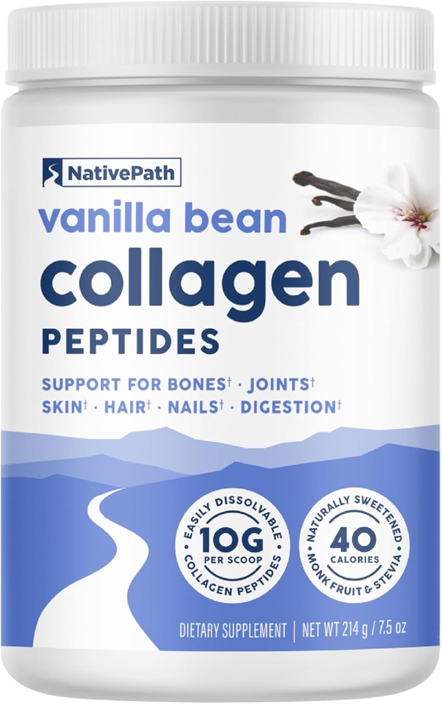 NativePath Collagen Peptider - Hydrolyzed Type 1 & 3 Collagen. Keto & Paleo Grass- Fed Protein Powder for Hår, Hud, Nails, Bones, Joints, fordøjelse og meget mere - No Gluten eller Dairy (Vanilla Bean, 214g)