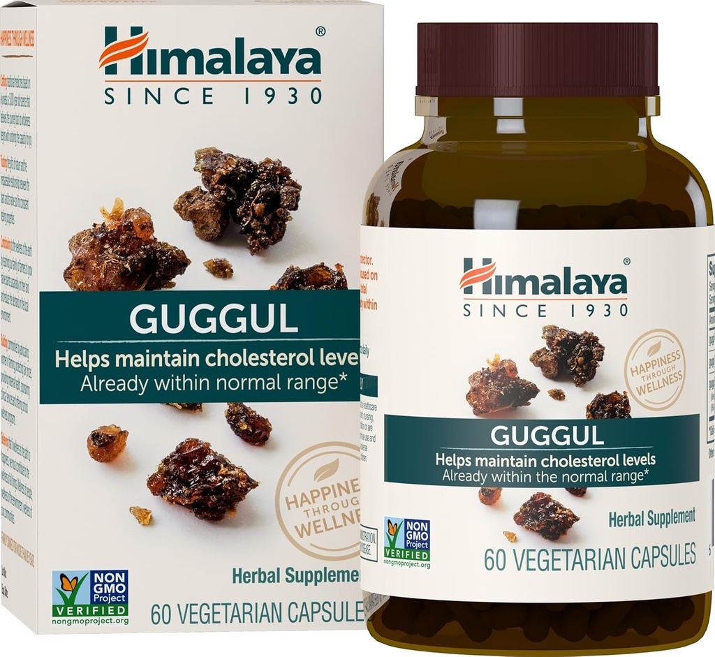 Himalaya Guggul - Herbal Leverstøtte til leverdetox, Cholesterol, HDL & LDL Support - Vegan, Non- GMO, Gluten Free, 720 mg, 60 kapsler