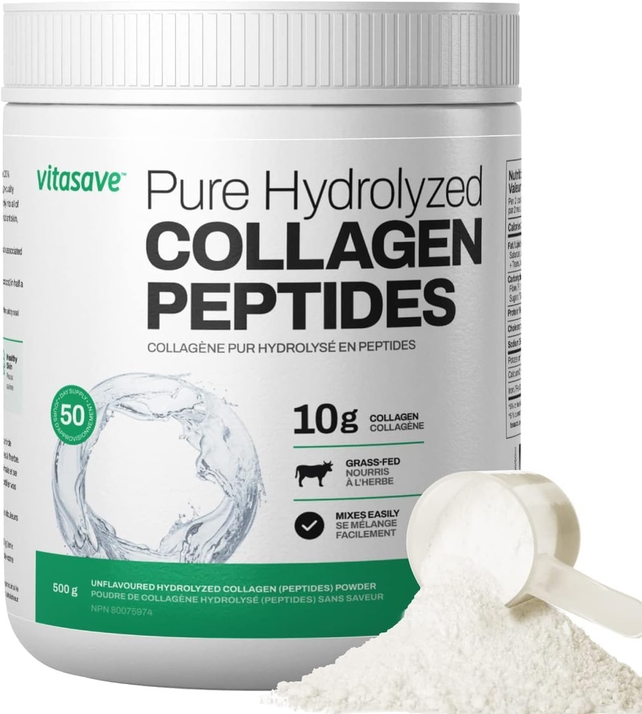 Vitasave collagen peptider pulver - 10g hydrolyseret collagen per servering - Unflavored, Grass- Fed, Keto Friendly - Hud, hår, negle & fælles støtte - 500g