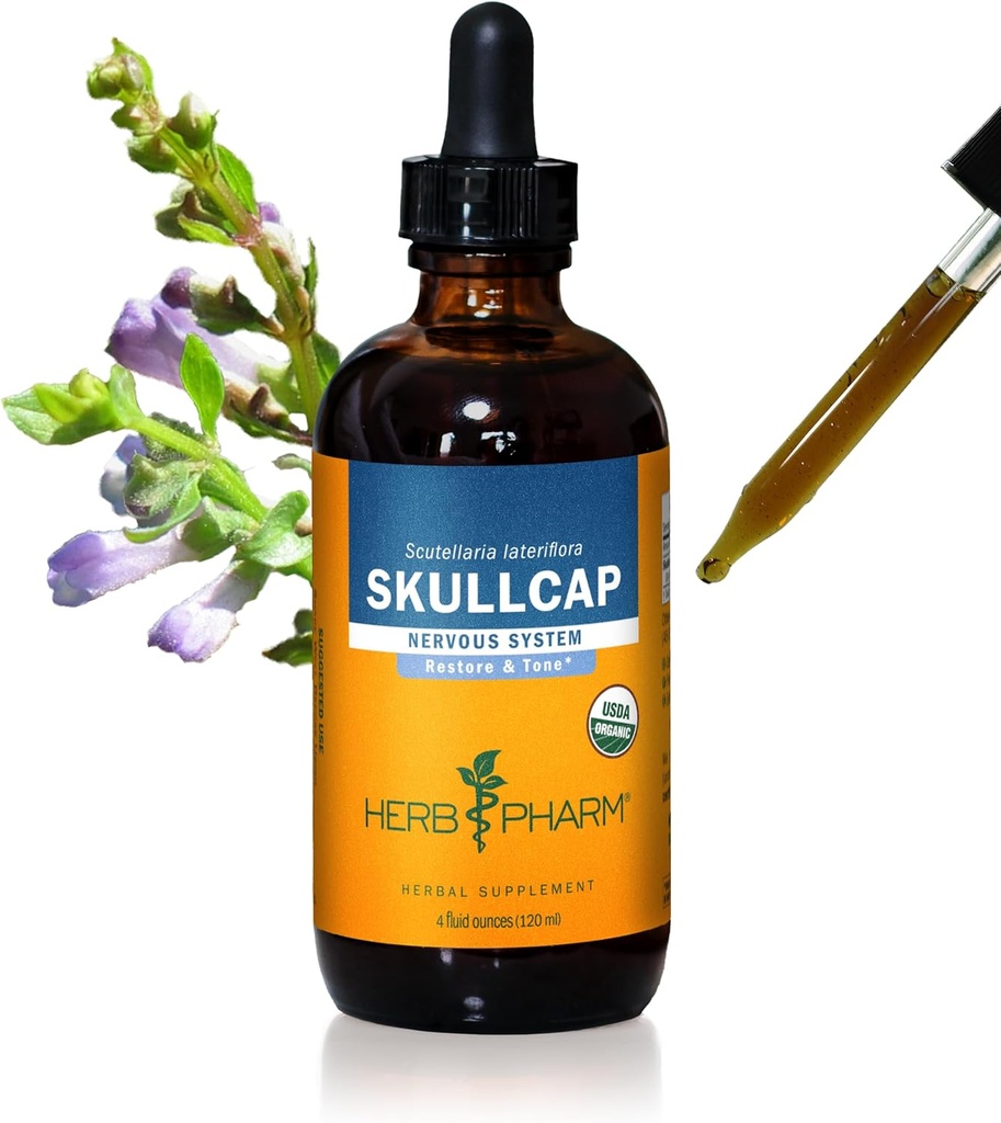 Herb Pharm Certified Organic Skullcap Liquid Extract for Nervesystemet Support, Organic Cane Alkohol, 4 Ounce