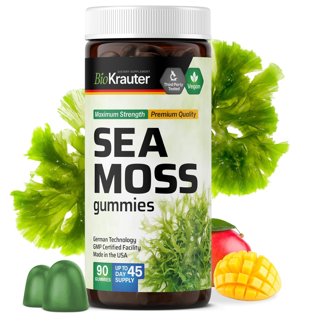 BIO KRAUTER Irish Sea Moss Gummies for Women and Men - 2840 mg Styrker - 90 Veganske Tyre - Bladderwrack & Burdock Root Supplement - Chondris Crispus Formel - Seamoss Gummies