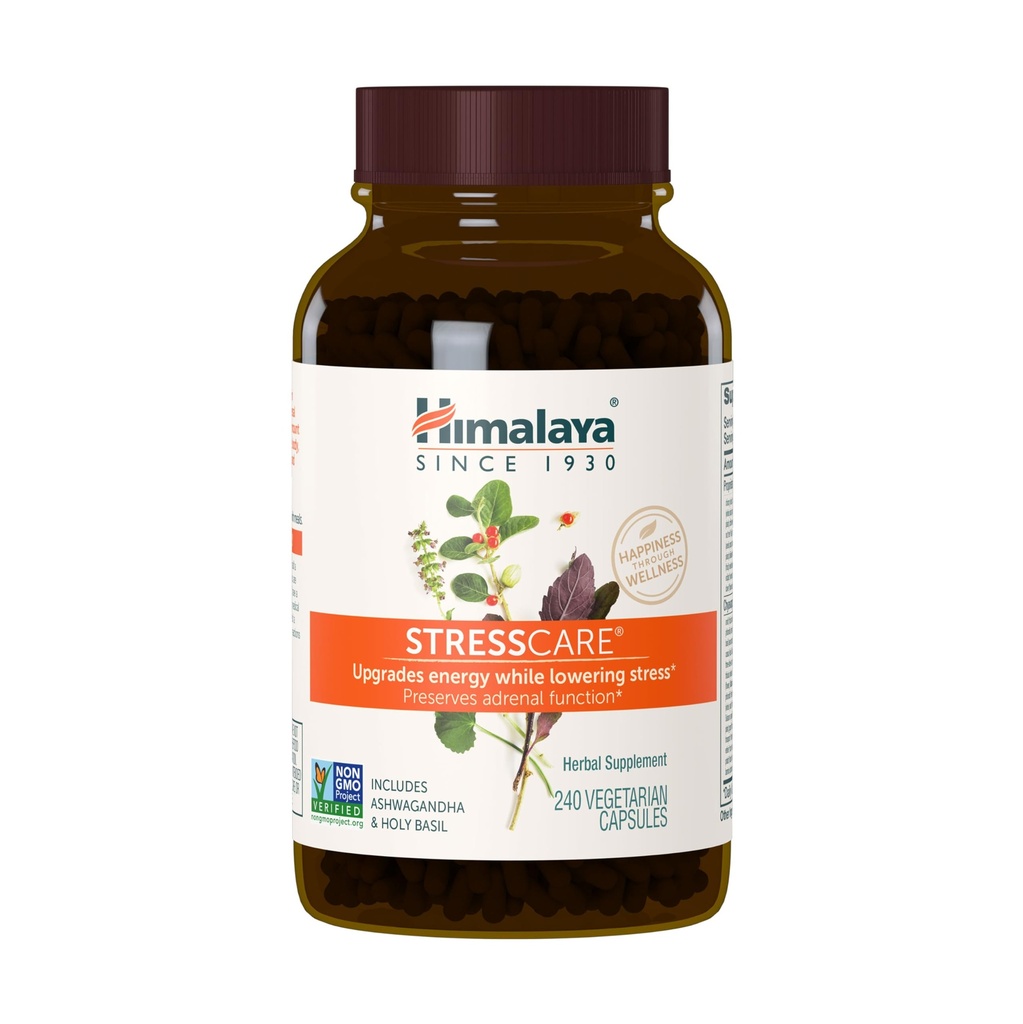 Himalaya StressCare Herbal Supplement, Understøtter Stress Relief, Energistøtte, Afslapning, Lejlighedsvis søvnløshed, Ashwagandha, Holy Basil / Tulsi, Gotu Kola, Non- GMO, Vegetar, 240 Kapsler