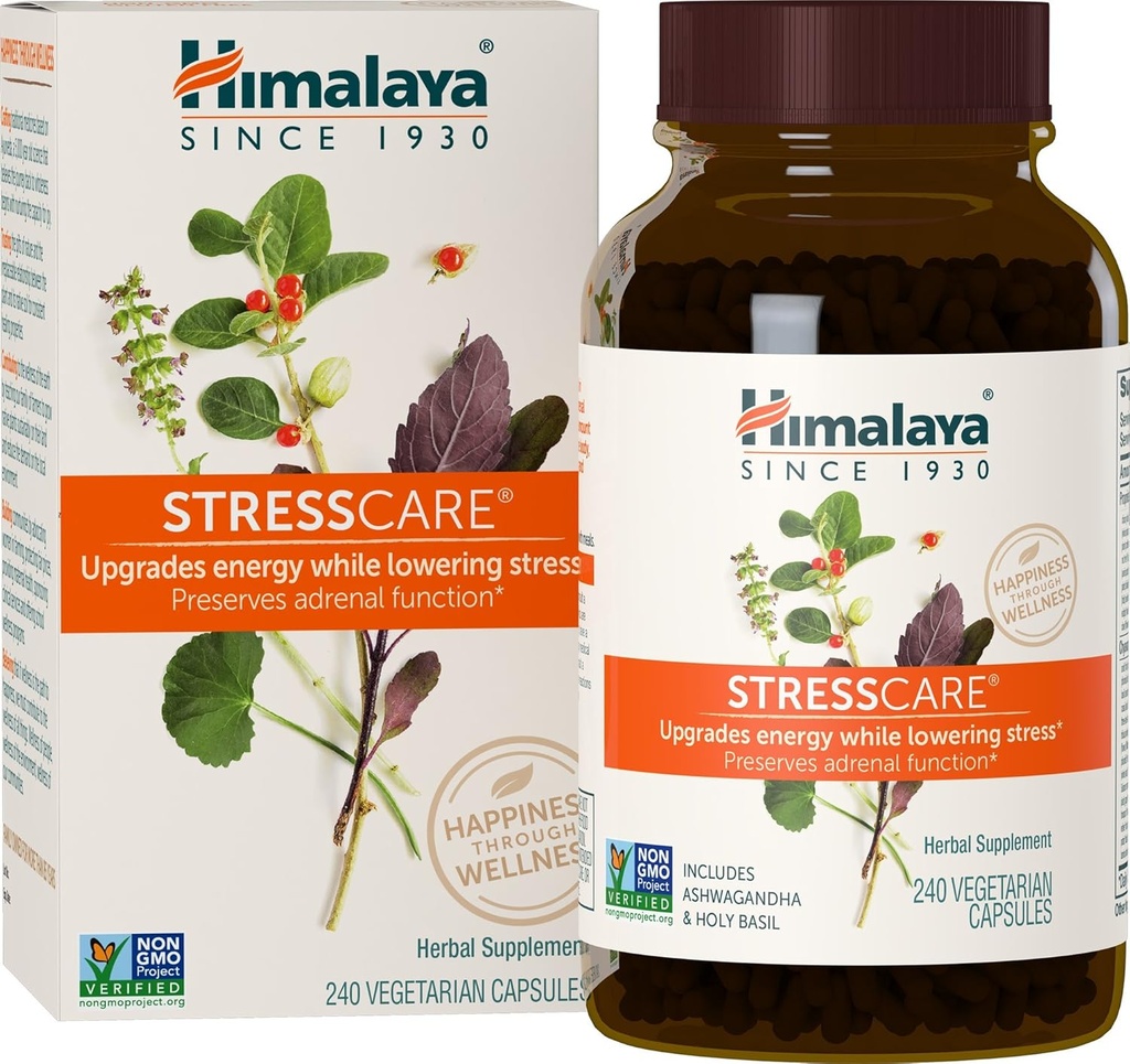 Himalaya StressCare Herbal Supplement, Understøtter Stress Relief, Energistøtte, Afslapning, Lejlighedsvis søvnløshed, Ashwagandha, Holy Basil / Tulsi, Gotu Kola, Non- GMO, Vegetar, 240 Kapsler