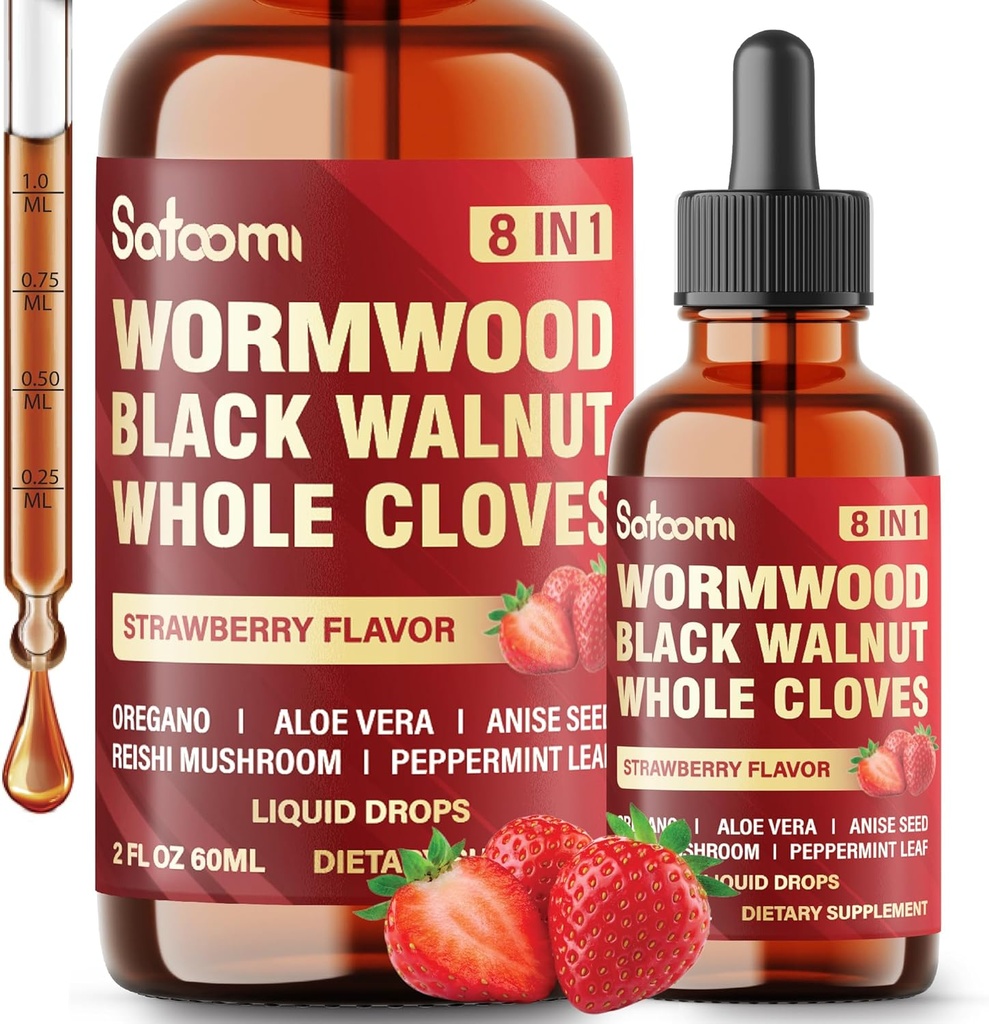 Satomi 8in1 Wormwood Flydende dråber med sort valnød, hele cloves og 5 mere - 60ml til 60 dages forsyning