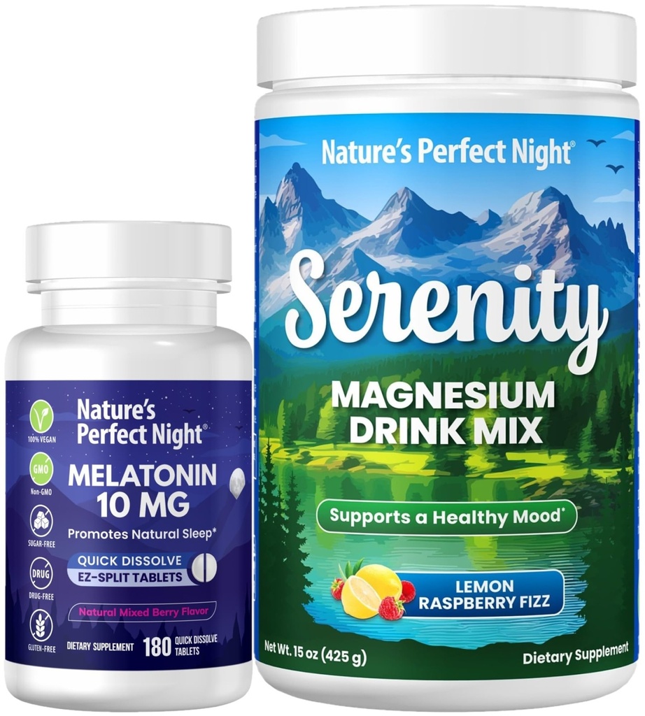 Nature's Perfect Night Melatonin 10mg Quick Dissolve Mixed Berry 180 Count with Serenity Magnesium Powder 15 oz Lemon Raspberry