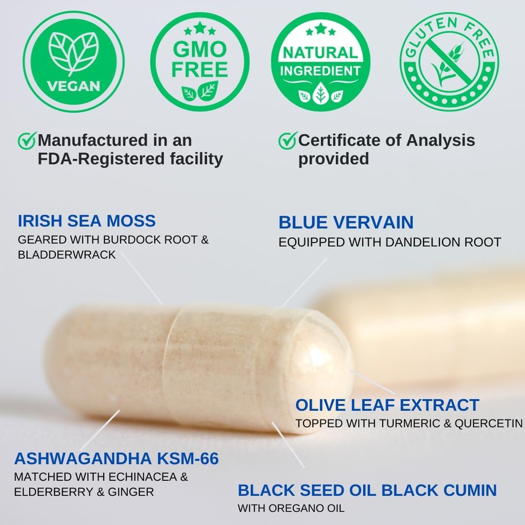 VINATURA Organic Sea Moss, Blue Vervain - med Black Seed Oil, Ashwagandha, Ingefær, Burdock Root Kapsler - 1250mg per servering, * USA Made & Testet * Immunbooster for voksne