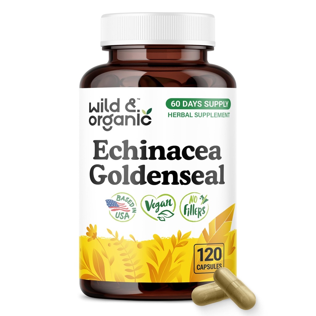 Wild & Organic Echinacea Goldenseal Capsules - Immune & Lung Support - Echinacea Complex Supplement - Hydrastis Canadensis & Purpurea - Vegan, No Fillers, Non-GMO - 120 Count