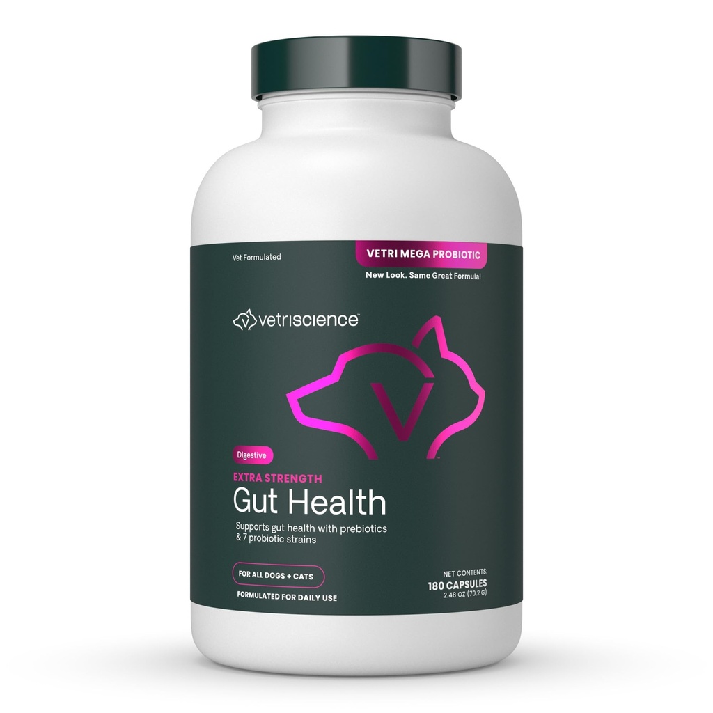 VetriScience Extra Strength Gut Health Probiotiske & Prebiotiske fordøjelsestilskud til hunde & katte, Gas & Diarré & immunforsvar, Easy- åbne kapsler, 180 Greve - nyt look