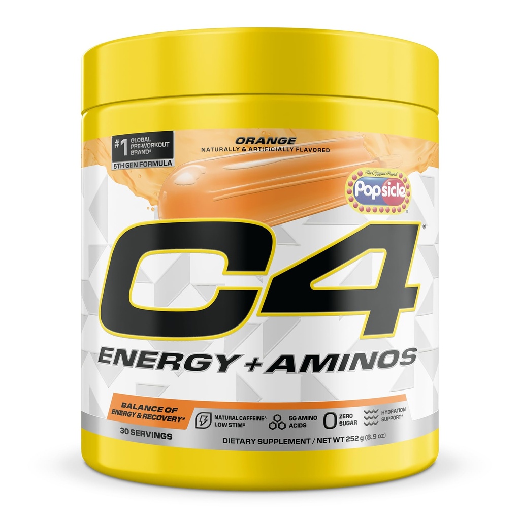 C4 Energy + Aminos Powder | Orange Popsicle | 5g BCAA & EAAs for Muscle Recovery, 3 Electrolytes for Hydration, 100mg Natural Caffeine | Pre-Workout | Zero Sugar, 30 Servings