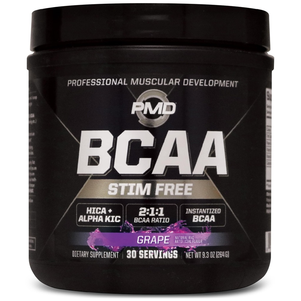 PMD Sports BCAA Stim-Free Amino Acids - Better Workout Performance, Enhanced Recovery, Daily Energy, Muscle Builder, and Muscle Sparing - BCAA Powder Drink Mix - Grape (30 Servings)
