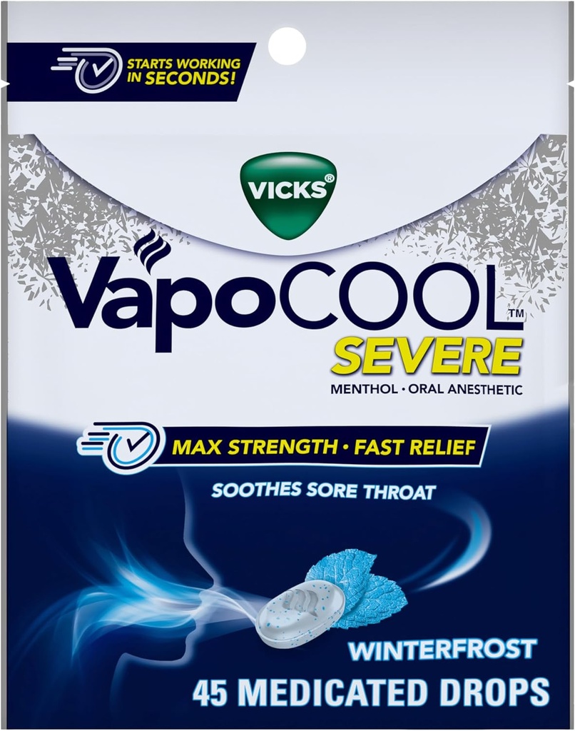 Vicks VapoCool Svær Medicated Sore Throat Drops, Max Strength Menthol, Lindes Sore Throat Pain, Winterfrost Flavor, 45ct