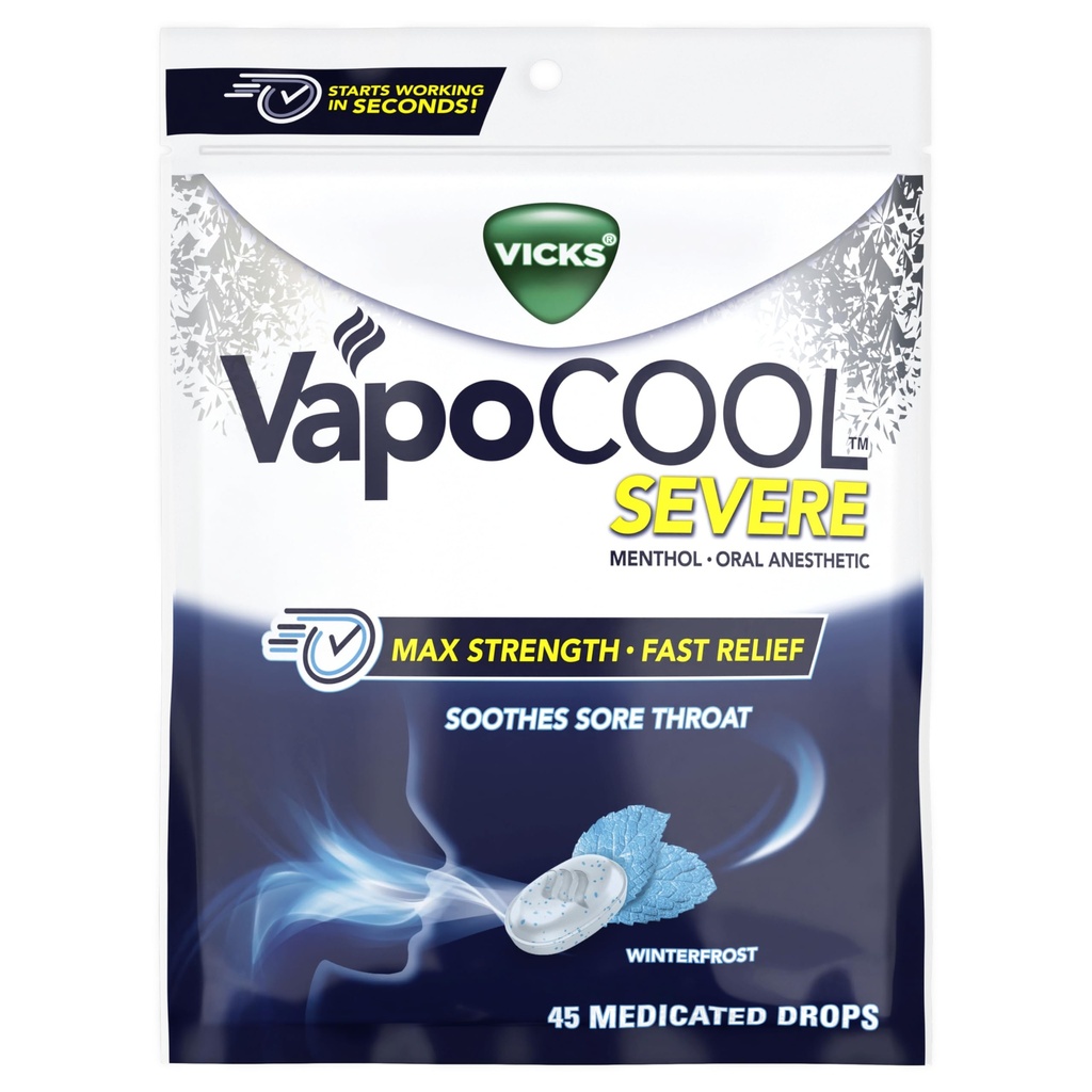 Vicks VapoCool Svær Medicated Sore Throat Drops, Max Strength Menthol, Lindes Sore Throat Pain, Winterfrost Flavor, 45ct