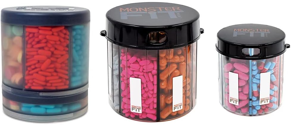 Monster supplement Medication Pill Dispenser med Segment Labels - Ekstra Stor Pil Container Flaske Handler næsten ethvert tillæg - Let at dispense (3 Pack - Monster, Monster Jr & Monster Ten)