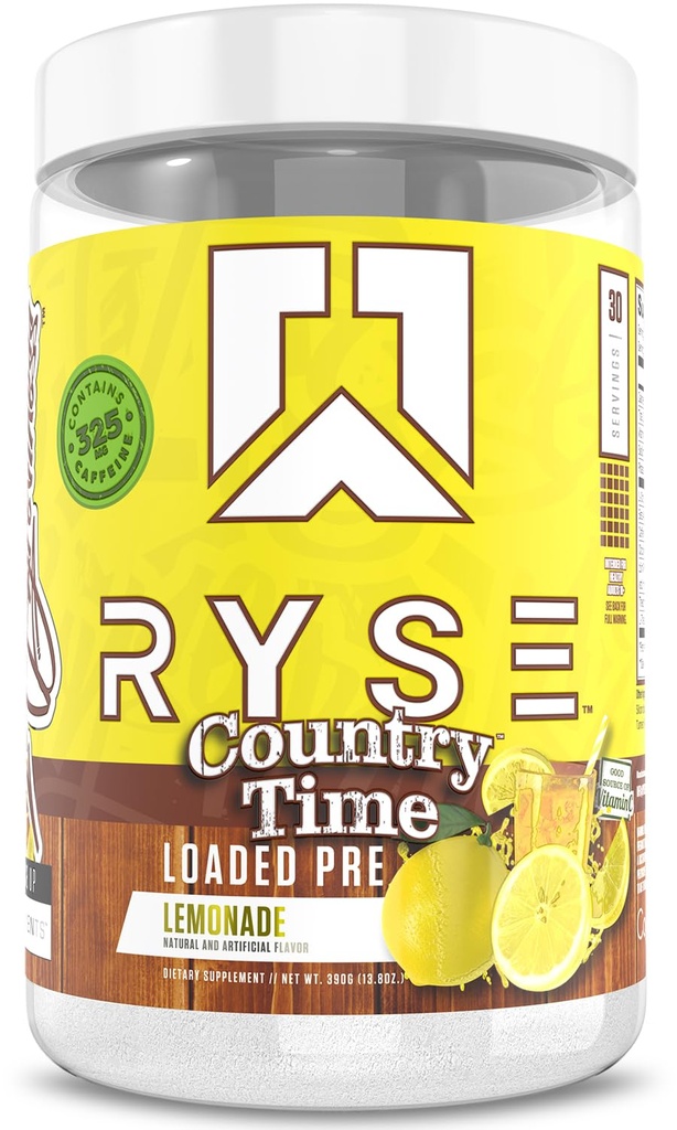 RYSE Indlæser pre workout pulver - Country Time Lemonade - Daglig pre-workout for mænd og kvinder med 325mg koffein, Beta Alanine, og Citrullin til Pump, Focus og energi - 30 Serveringer