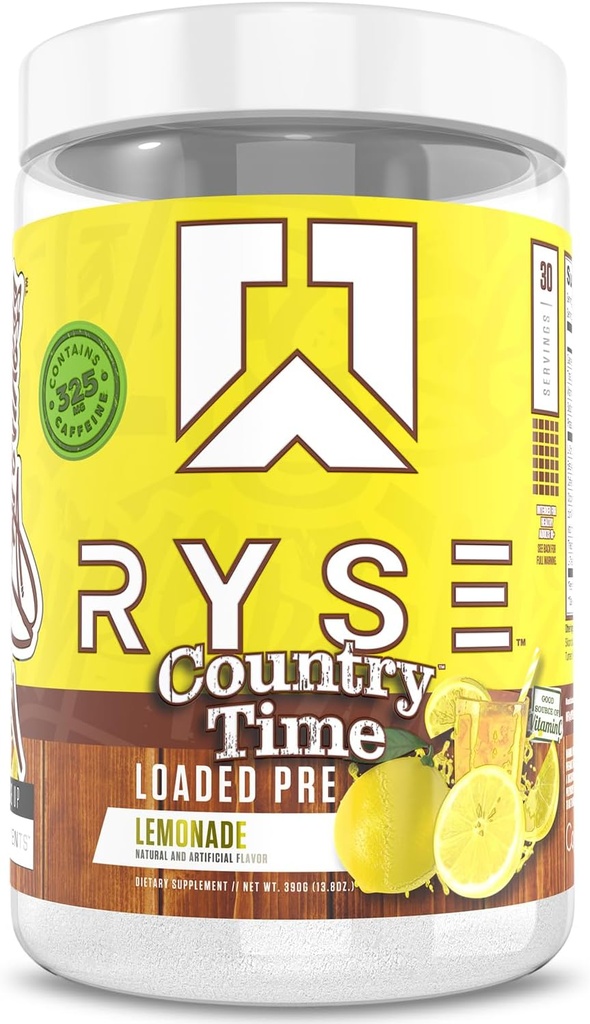 RYSE Indlæser pre workout pulver - Country Time Lemonade - Daglig pre-workout for mænd og kvinder med 325mg koffein, Beta Alanine, og Citrullin til Pump, Focus og energi - 30 Serveringer