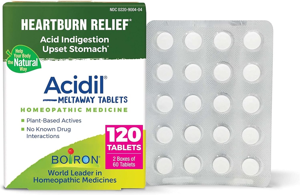 Boiron Acidil Tablets for Relief of Acid Reflux, Heartburn, fordøjelsesbesvær, og Opsat Mave - 120 Greve (2 pakke med 60)