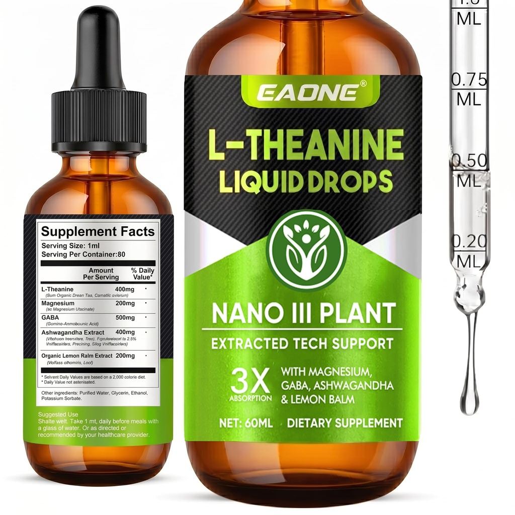EAONE L-Theanine Liquid Drops, 400mg L Theanine Supplement with GABA, Magnesium and Ashwagandha, Natural Focus and Relaxation Support, Supplement Calm & Mental Clarity, Non-GMO, Vegan, 2 Fl Oz