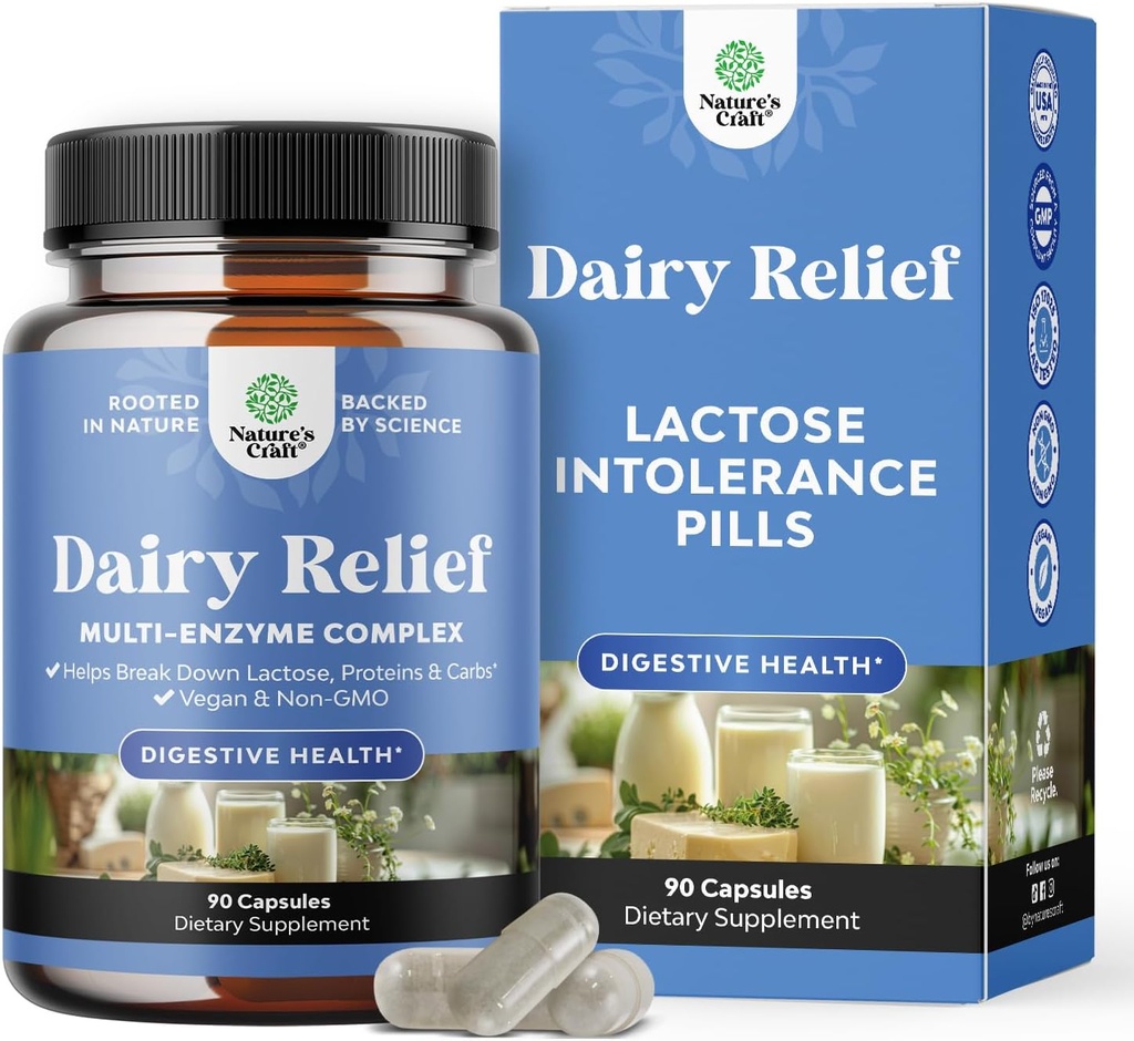 Laktoseintolerance piller 90 dages forsyning - hurtigt fungerende mælk fordøjelsesenzymer - Dairy Relief piller til fordøjelse, bloating, gas og carb protein - fordøjelse supplement til laktose intolerance Relief