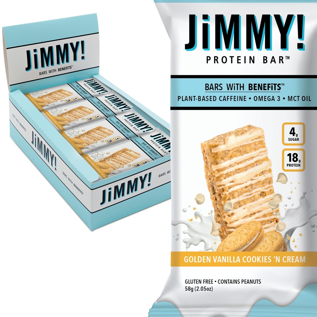 JiMMYBAR! - Golden Vanilla Cookies 'N Cream - 18g Protein Bars - Low 4g Sugar - 12 Count - Real Peanut Butter Base with Hand-Drizzled Chocolate Protein Bar - Functional Meal Replacement Bars