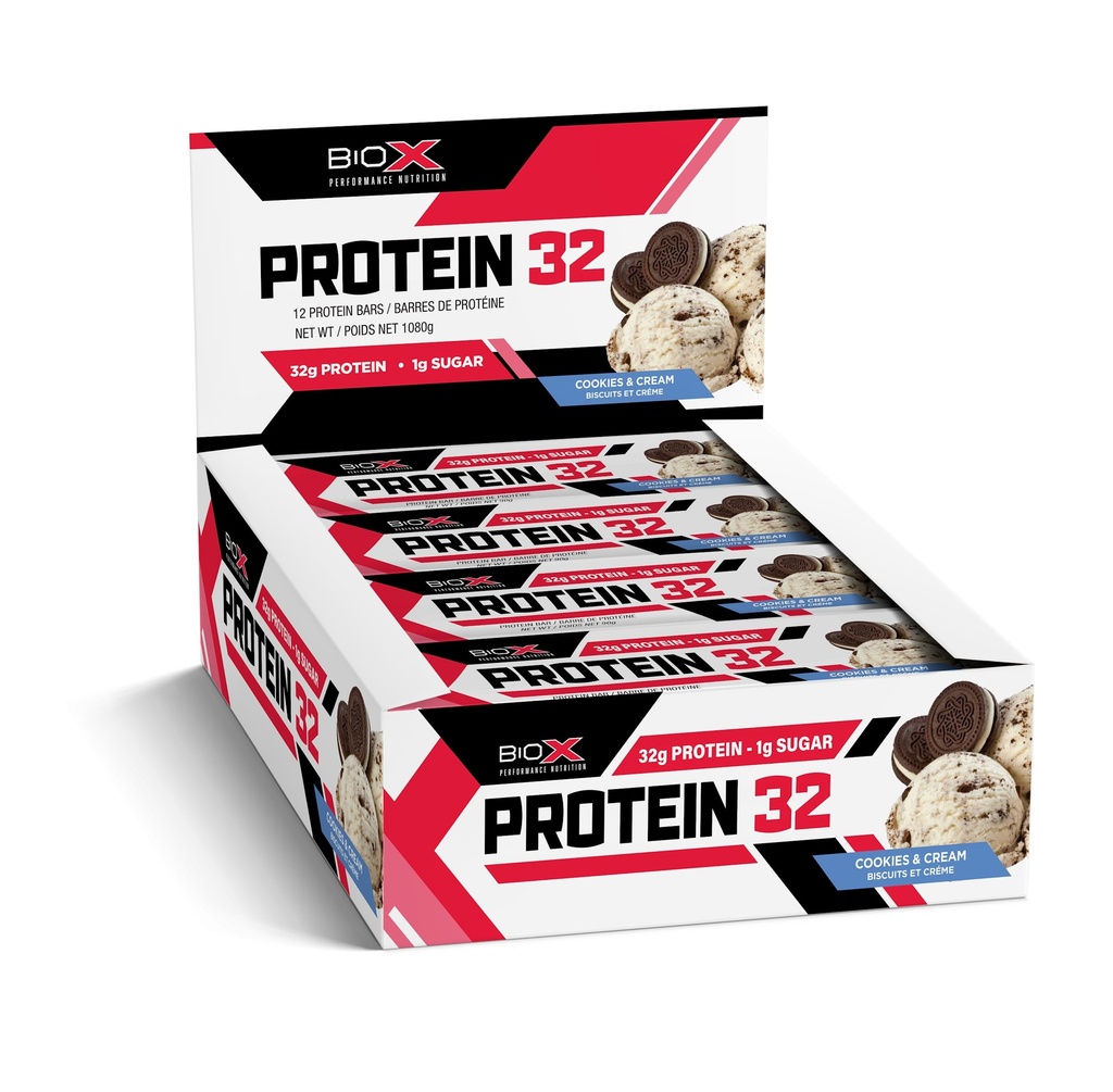 BioX Protein 32 Bar | High Protein, High Fibre, & Low Sugar Bar | 32g Protein, 1g Sugar, 8g Fibre | Sourced From Casein, Whey Protein Isolate, Hydrolyzed Whey Protein | Box of 12 Bars (Cookies & Cream)
