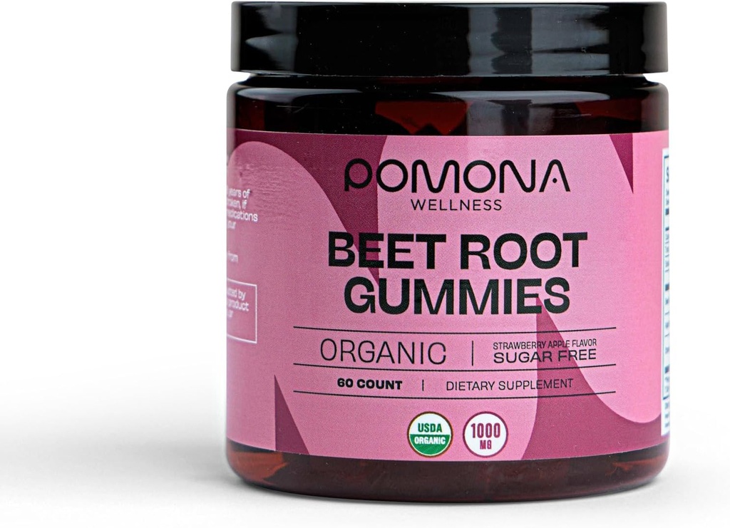 Pomona Wellness Organic Potent Beetroot Powder Gummies 1000mg - Sukker fri, nitrogenoxid supplement - Natural Strawberry and Apple Flavor, Vegan, 60 Greve