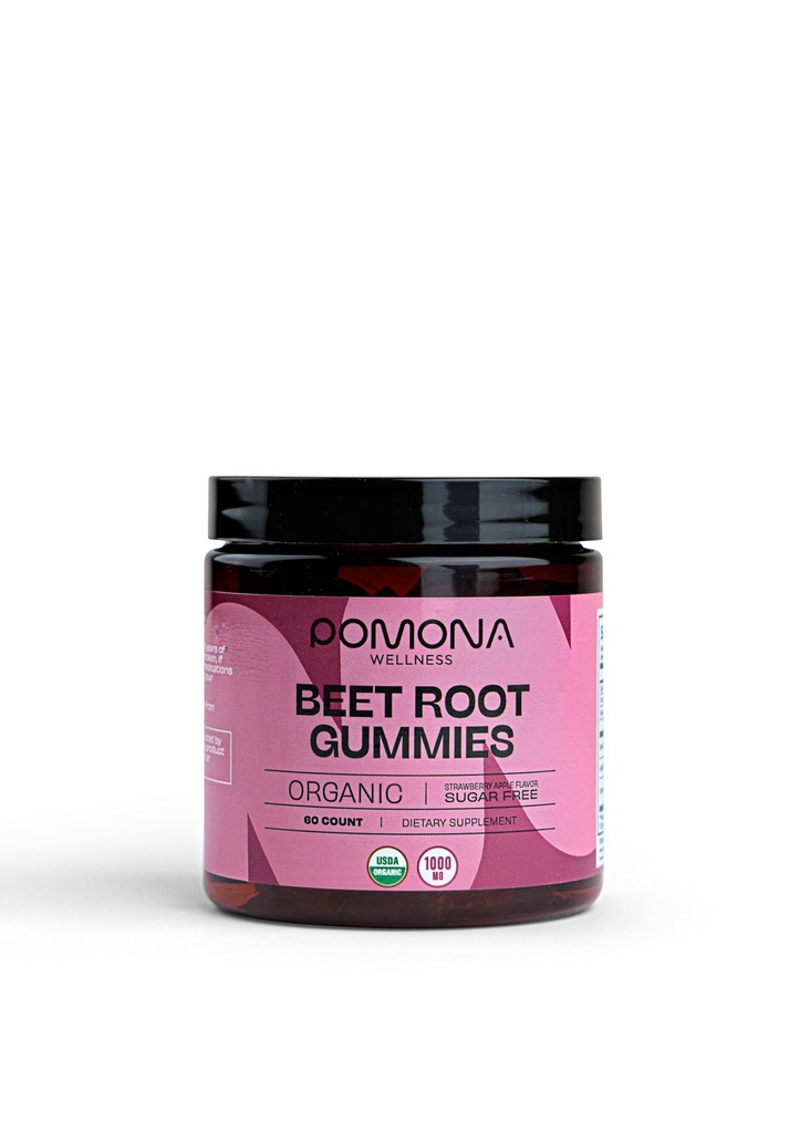 Pomona Wellness Organic Potent Beetroot Powder Gummies 1000mg - Sukker fri, nitrogenoxid supplement - Natural Strawberry and Apple Flavor, Vegan, 60 Greve