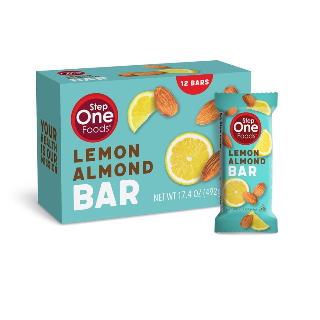 Step One Foods Lemon Mandel Bar, Heart Sund Snack Plant Steroler, Omega 3 's High Fiber Snack Gluten & Dairy Free, Vegan, Zero Natrium, Granola Bars (12 Pack)
