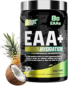 Nutrex Research EAA Hydration Mead124; EAA + BCAAs Powder Mead124; Muscle Recovery, Strength, Muscle Building, Endurance Mead124; 8G Essential Aminosyrer + Elektrolytes Mead124; Maui Twist Flavor 30 Servering