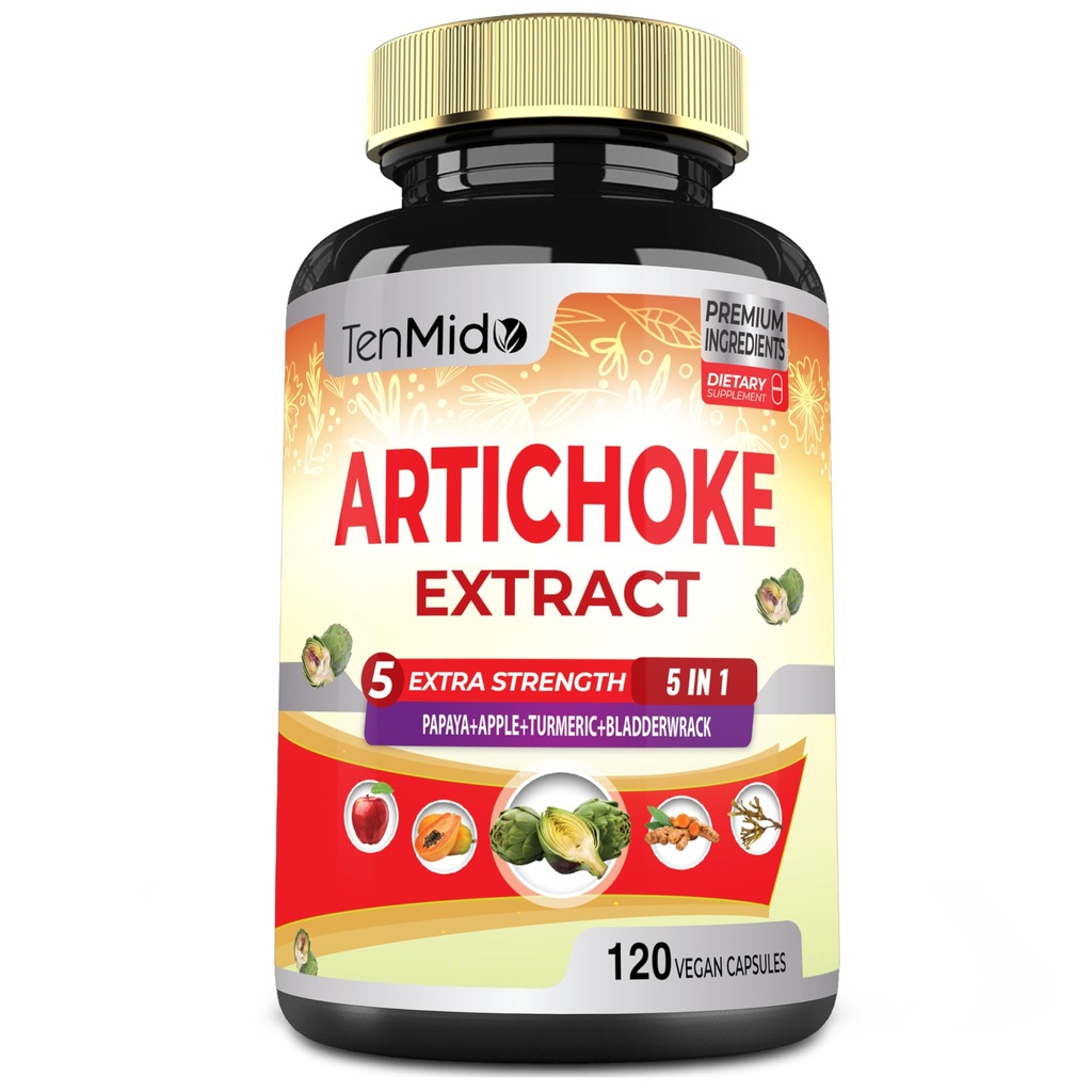 Artichoke Supplement Uddrag Kapsler, 4 Måneder Tilgang med Papaya, Apple Pectin, Gurkemeje Curcumin, Bladderwrack - Understøtter fordøjelsesfunktion - 120 Veganske Kapsler