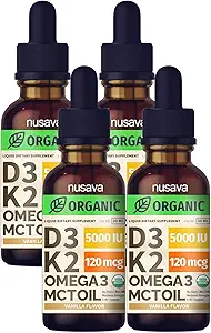 (4 Pack) Økologisk Vitamin D3 K2 dråber med MCT Oil Omega 3, 5000 IE, Maksimal styrke Vitamin D Væske - Ingen Fyldere, Non- GMO Væske D3 til Hurtigere Absorption & immunforsvar (Vanilla, 4 Fl Oz)