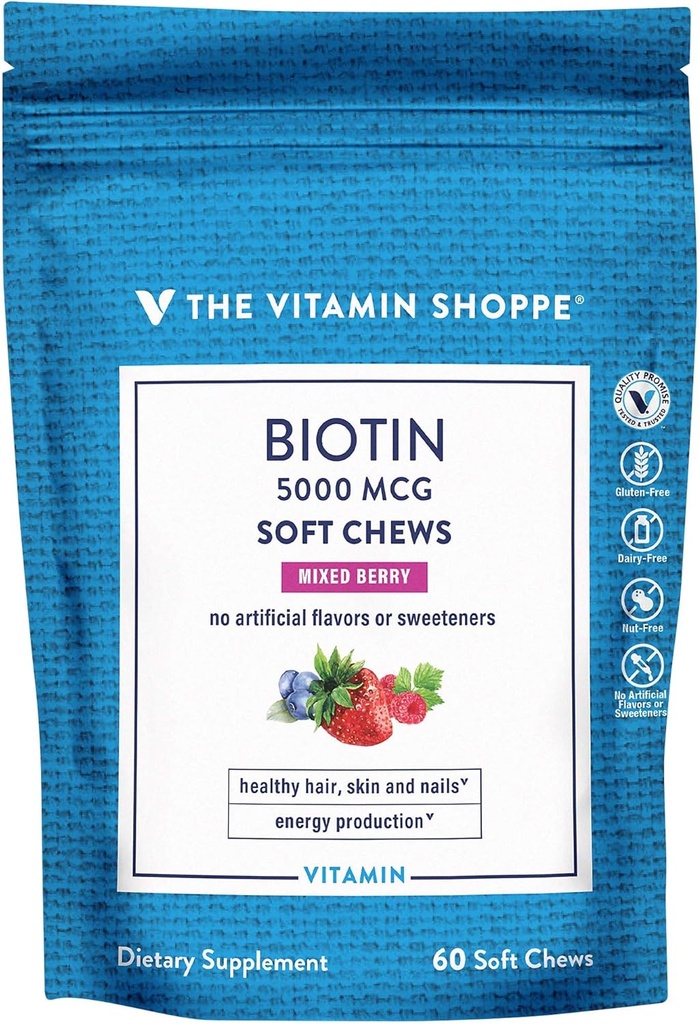 The Vitamin Shoppe Biotin Soft Chews for Hår, Hud & Nail Support - 5.000mcg - Blandet Berry (60 Soft Chews)