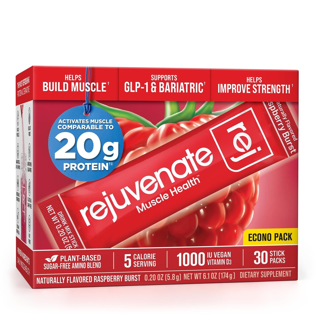 Rejuvenate, Perfect Amino Acid Blend, 1 Stick = 20g Whey Protein, 5 Calories, Vegan Friendly EAA + BCAA for Muscle Growth, Strength & Energy, GLP-1 & Bariatric Support, No Bloat, No Sugar