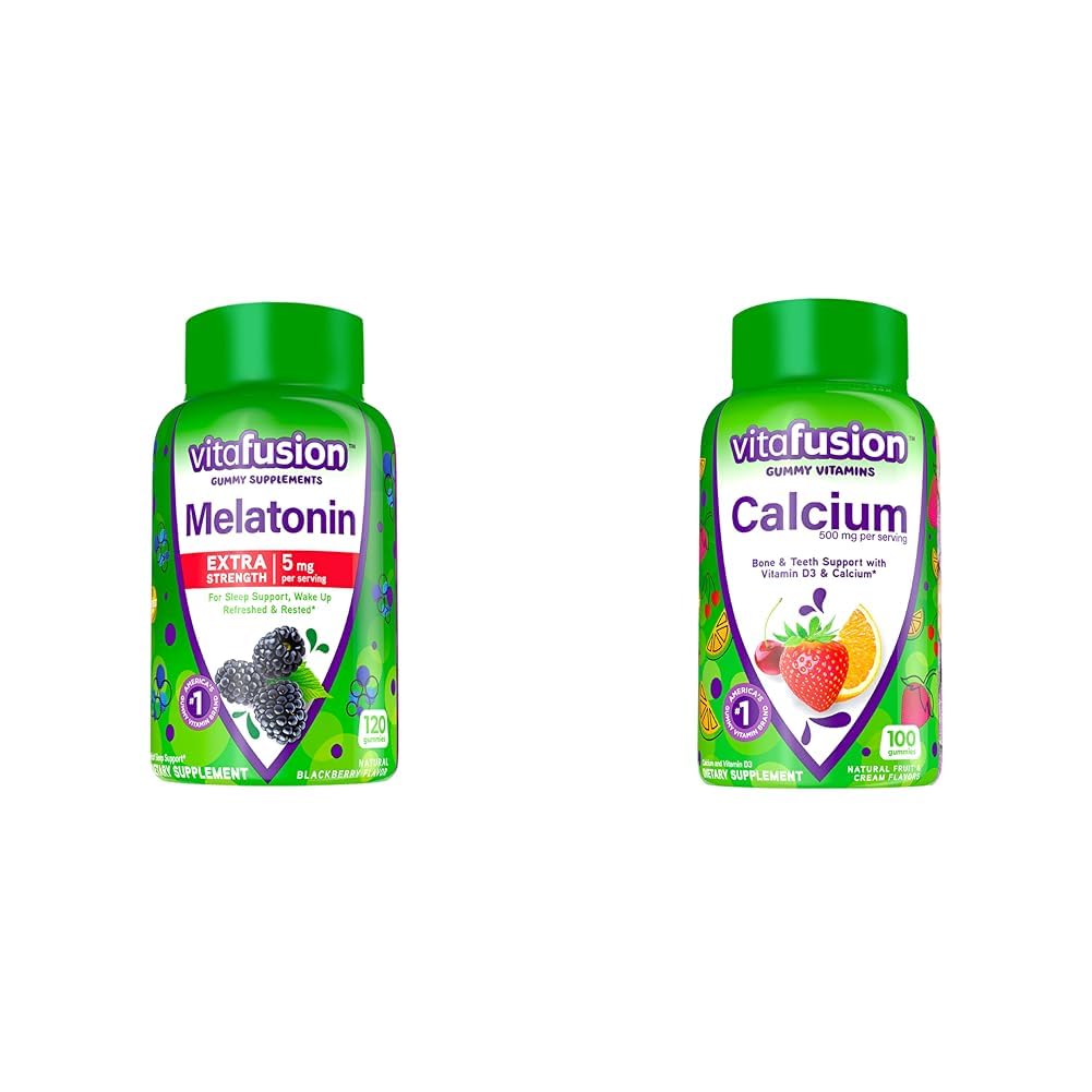 Vitafusion Melatonin and Calcium Gummy Vitamins Bundle with 5mg 120ct and Fruit Cream Flavored 100ct