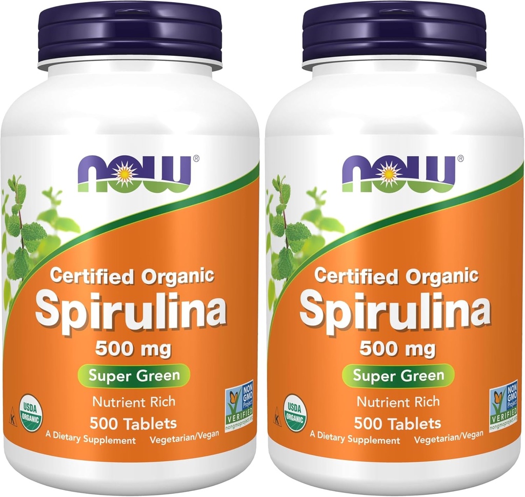 Now Supplements, Organic Spirulina 500 mg med vitaminer, mineraler og GLA (Gamma- Linolensyre), 500 tabletter (pakke med 2)