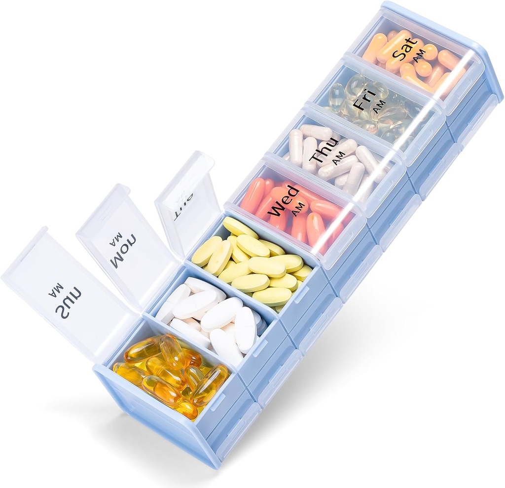 Ekstra stor ugentlig pilleorganizer 2 gange om dagen - Betife 7 dag pilleboks, AM PM pillekasse med dobbelt lag Jumbo Segment for piller, Vitamin, fiskeolie, Kosttilskud (blå / hvid)
